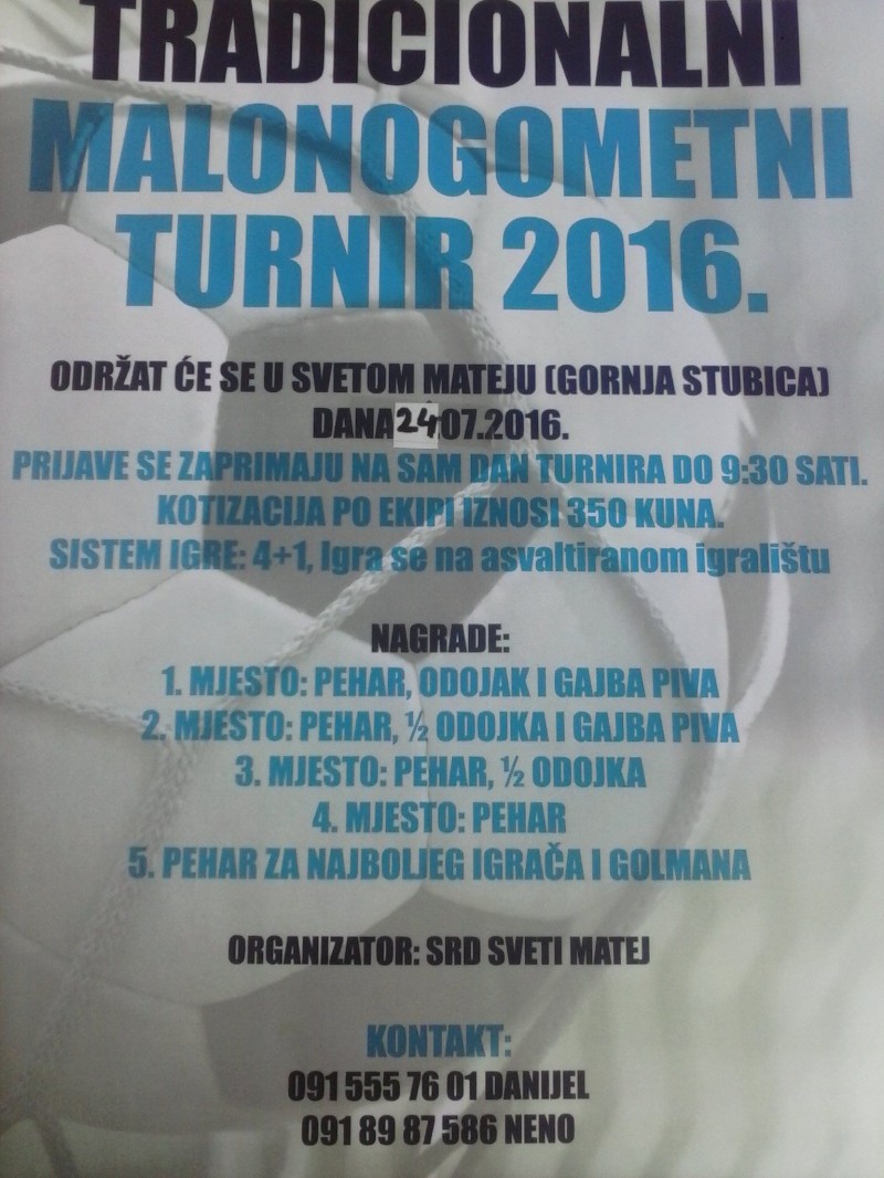 SLIJEDEĆE NEDJELJE U SVETOM MATEJU ODRŽATI ĆE SE TRADICIONALNI MALONOGOMETNI TURNIR